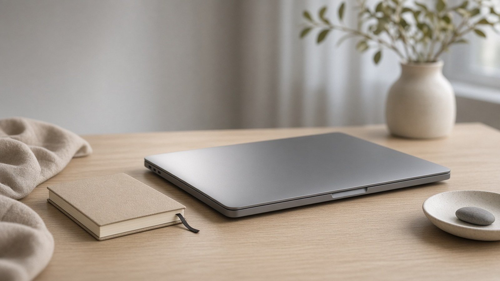 Closed laptop and notebook on a desk in soft daylight
