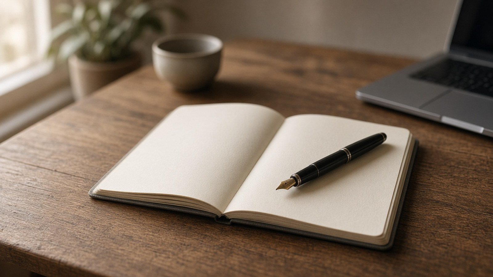 Notebook and pen on a wooden desk in soft window light