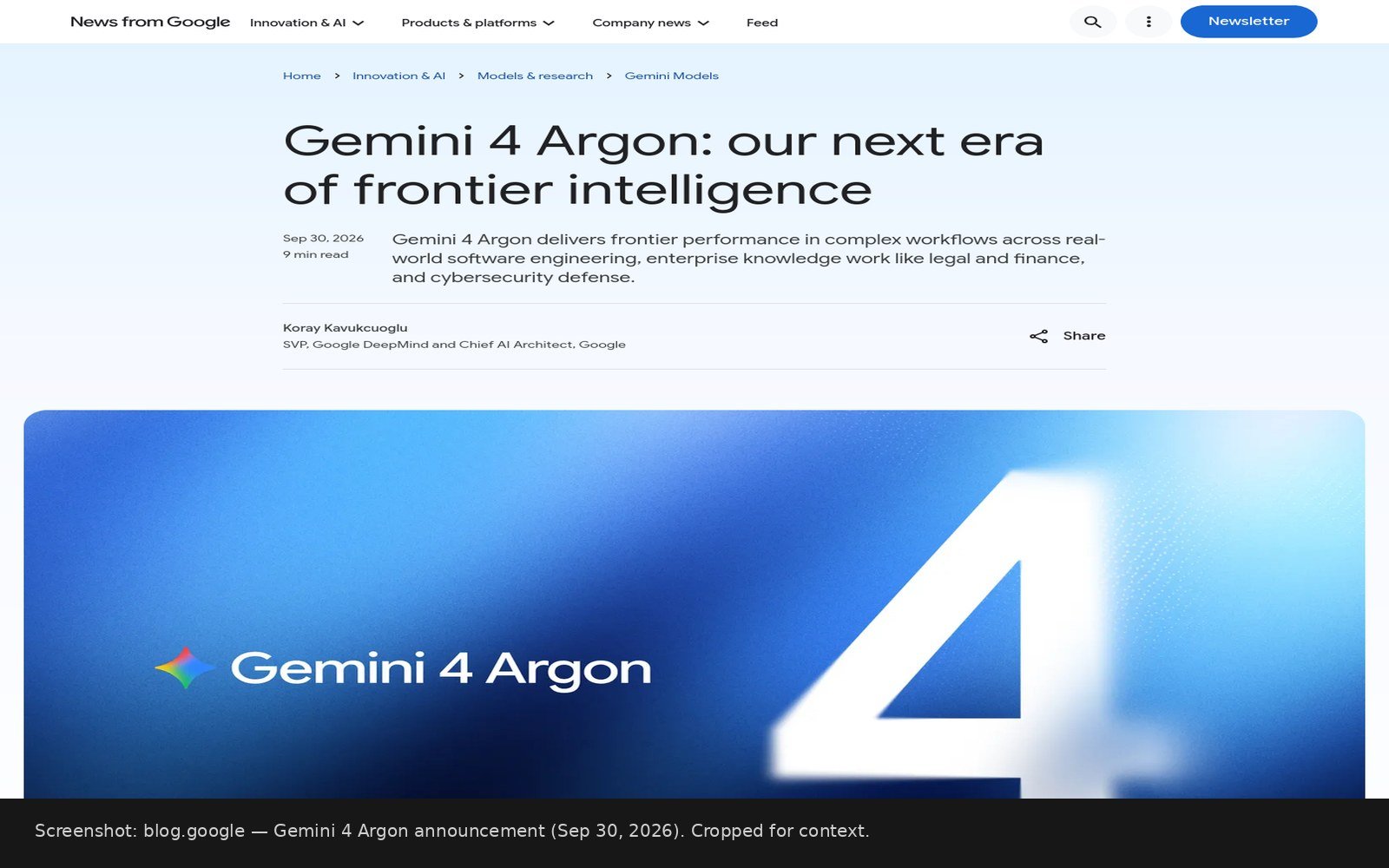 Cropped screenshot of Google DeepMind Gemini 4 Argon announcement page, Sep 30 2026