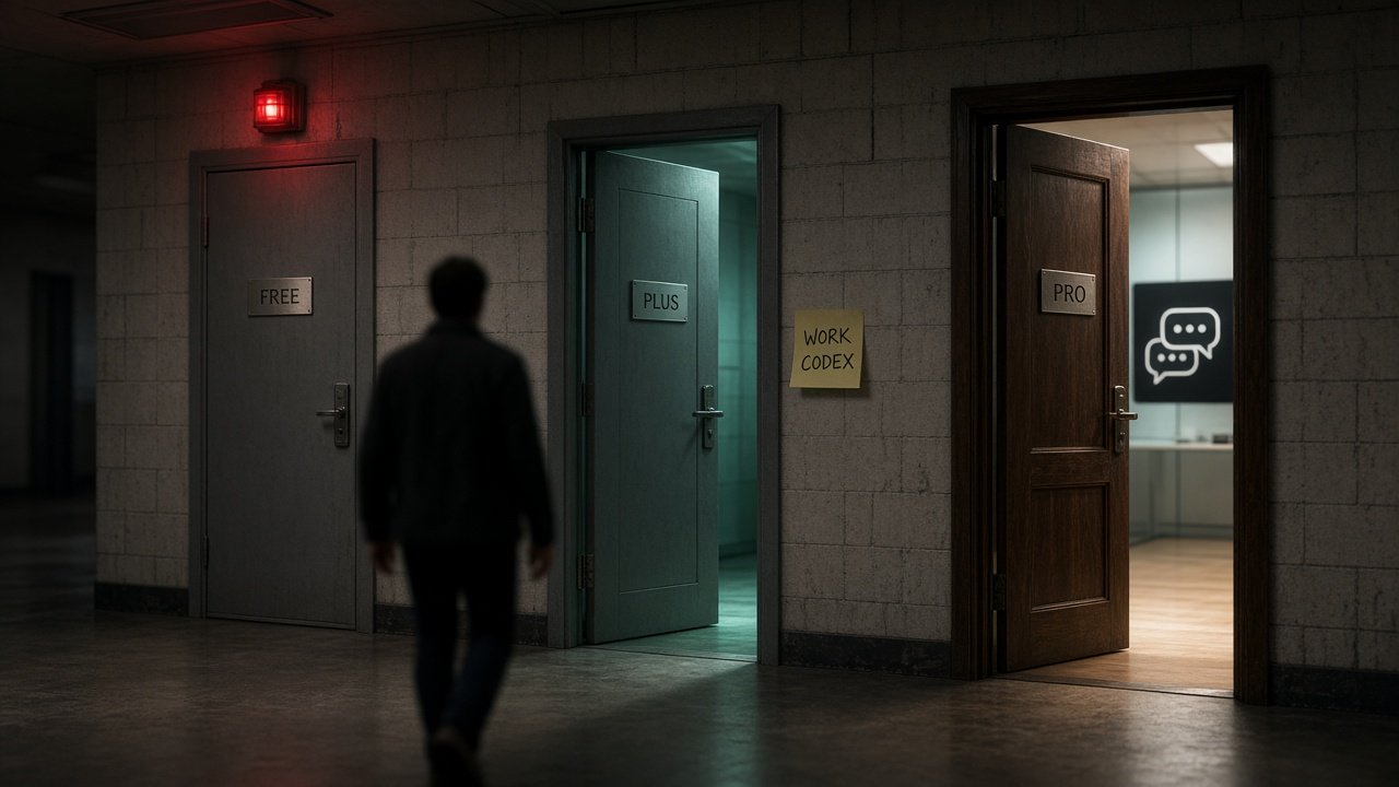 Hallway with three doors labeled Free closed with red light, Plus ajar with teal light and Work Codex note, Pro open to a chat room