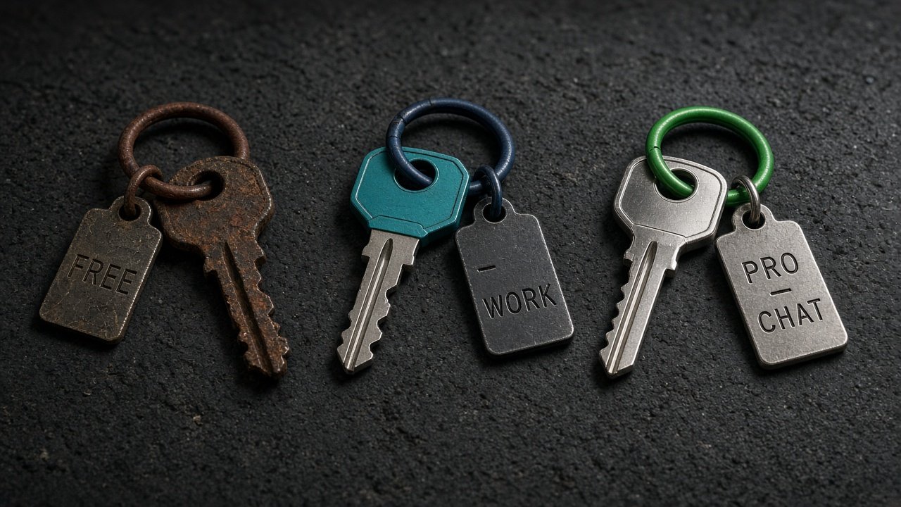 Three keys on a dark surface tagged Free rusted, Work teal, and Pro Chat polished