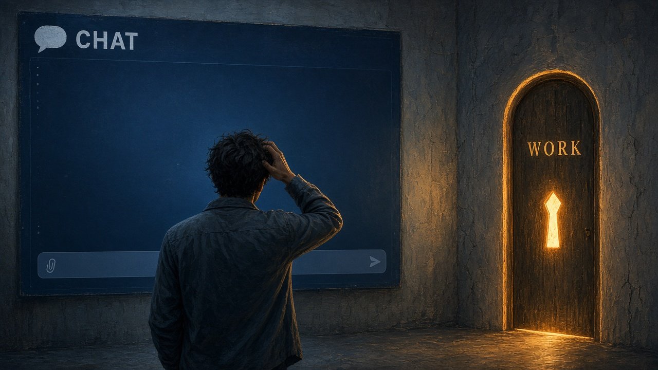 Person staring at a large empty Chat screen while a glowing Work door with a keyhole goes unnoticed beside them