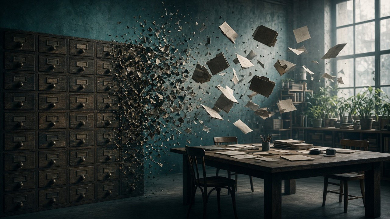 Library card catalog dissolving into an open collaborative workspace with floating documents