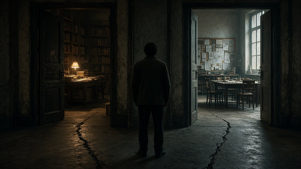 Hallway fork with a dim library door on the left and a brighter shared workspace door on the right