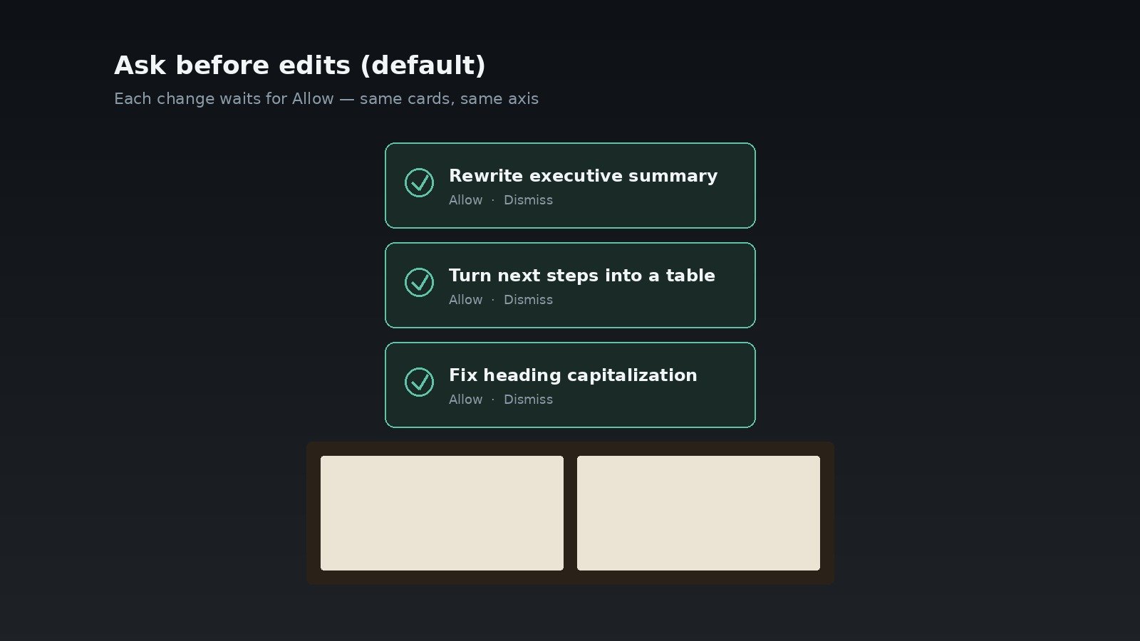 Translucent approval cards hovering over an open document waiting for human approval