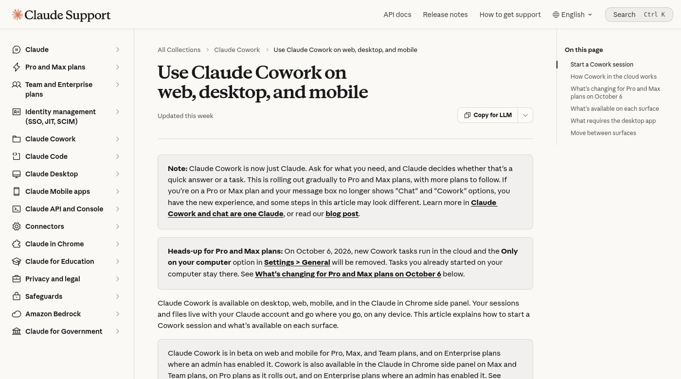 Screenshot of Claude Help article on Cowork web desktop and mobile including October 6 cloud change for Pro and Max