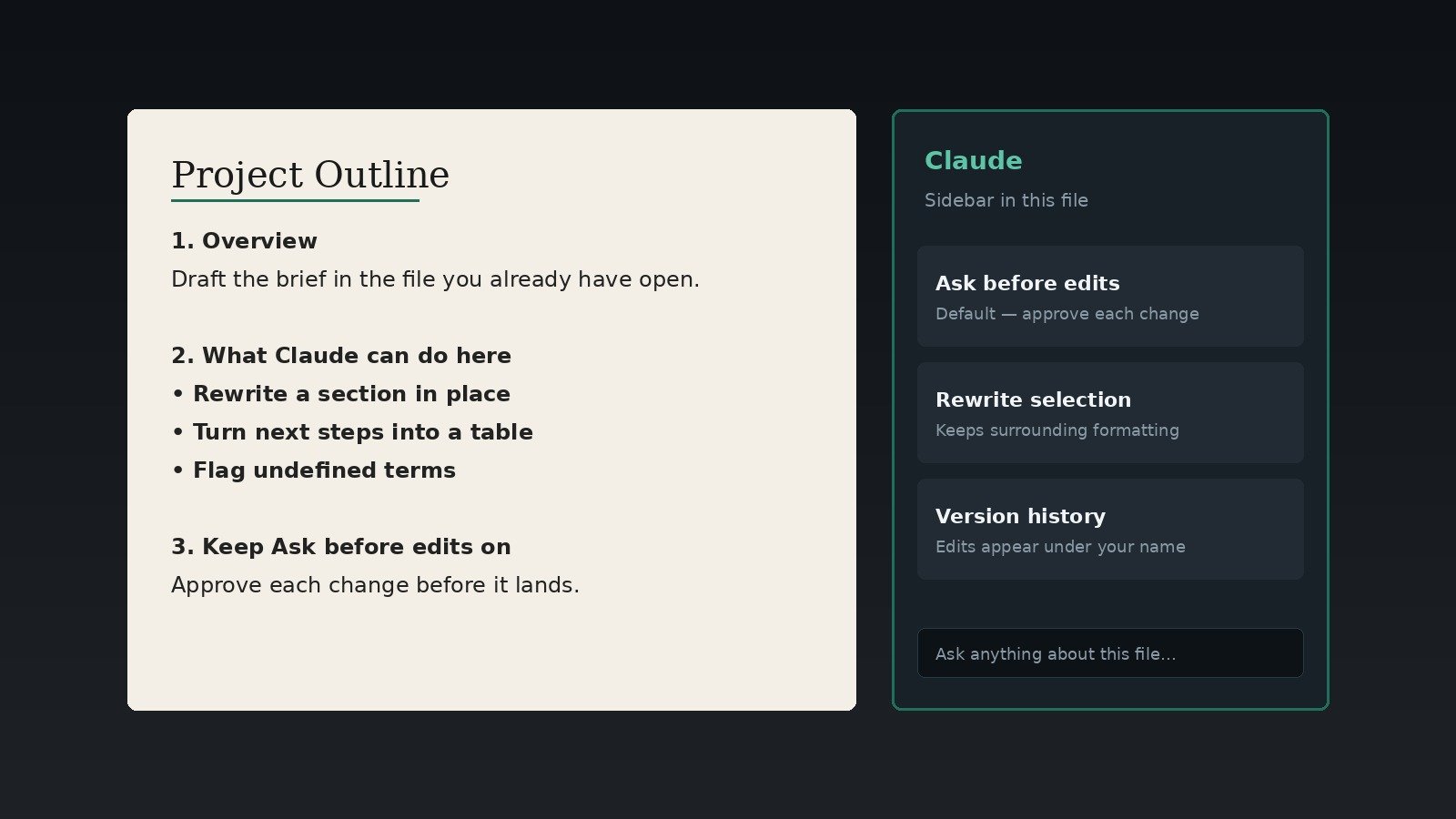 Document on a desk with a glowing AI sidebar docked beside it like Claude inside Google Docs