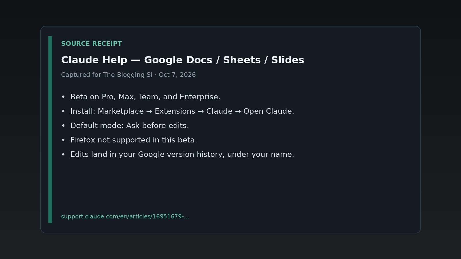 Source receipt card summarizing Claude Help requirements for Google Workspace beta