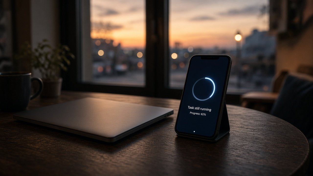Closed laptop beside a phone glowing with a still-running task notification