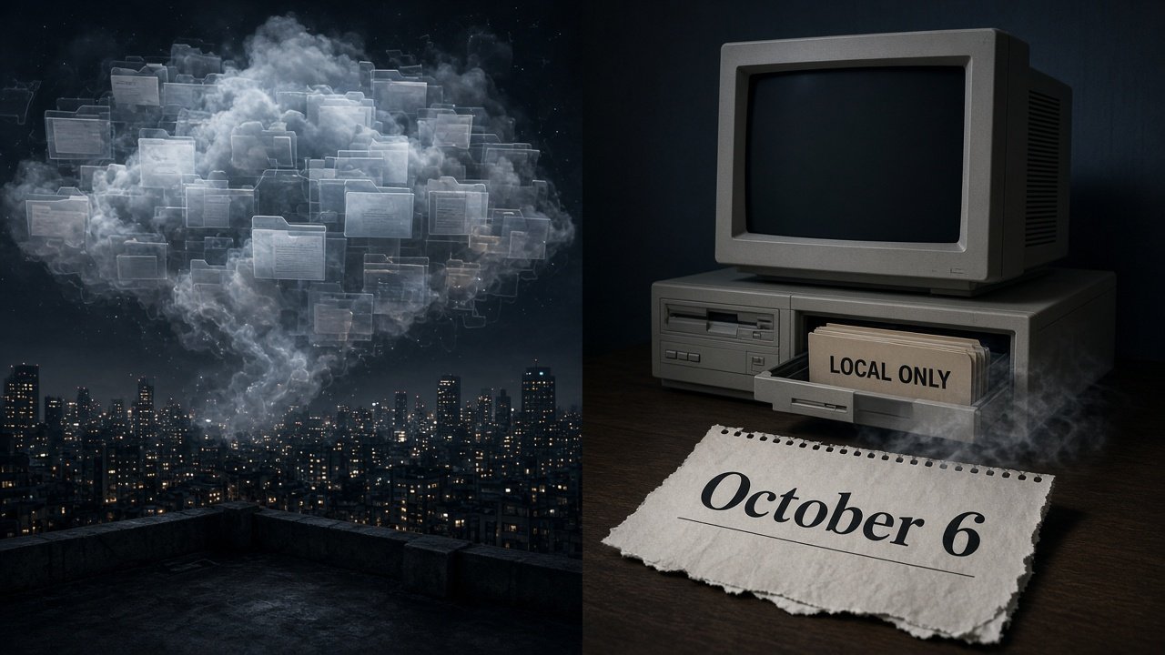 Surreal split of cloud folders over a city and a fading local-only desktop with an October 6 calendar page