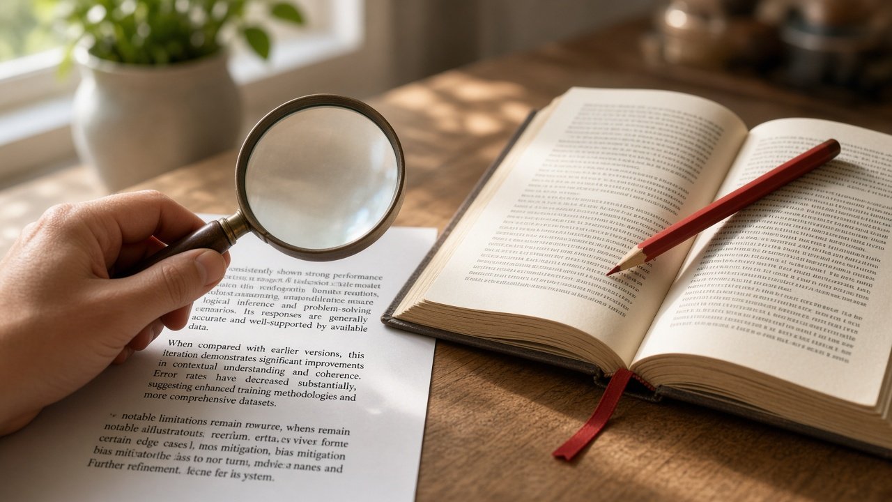 Hand holding a magnifying glass over a printed page beside an open hardcover book and red pencil