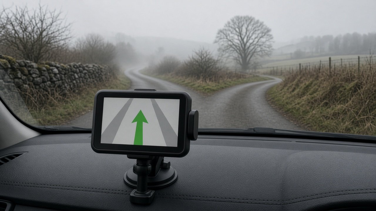 Car dashboard GPS showing a confident straight arrow while the foggy road ahead forks left and right