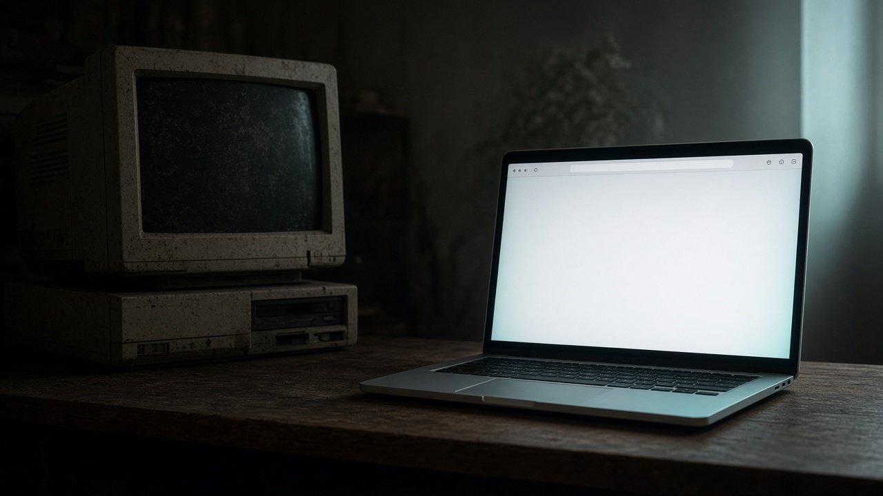 Dusty old desktop computer beside a bright modern laptop open to a browser