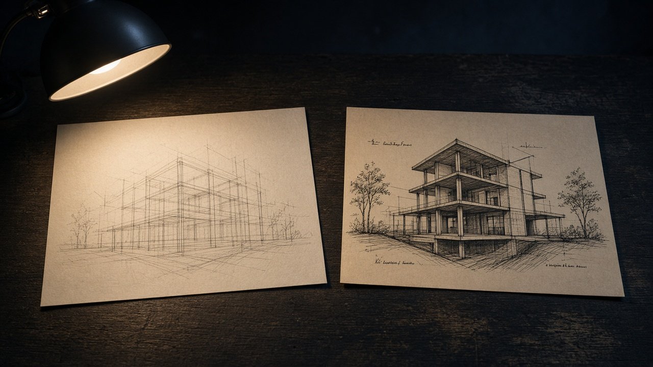 Faint unfinished pencil sketch beside a richer inked diagram under a desk lamp