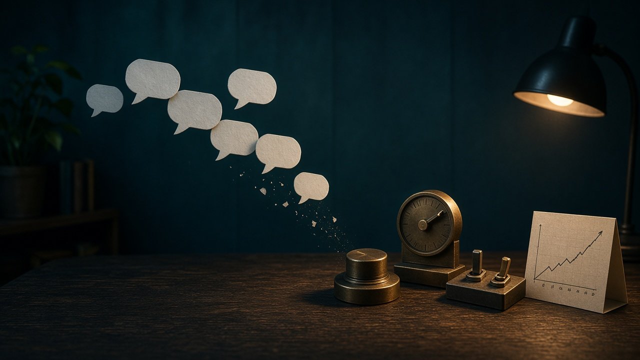 Speech bubbles transforming into physical dials switches and a chart