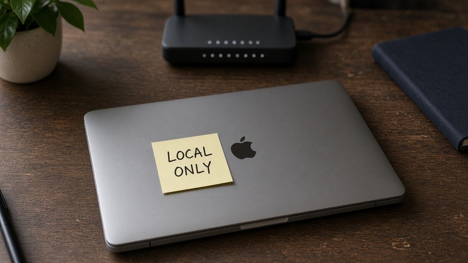 Closed laptop with LOCAL ONLY sticky note on a desk