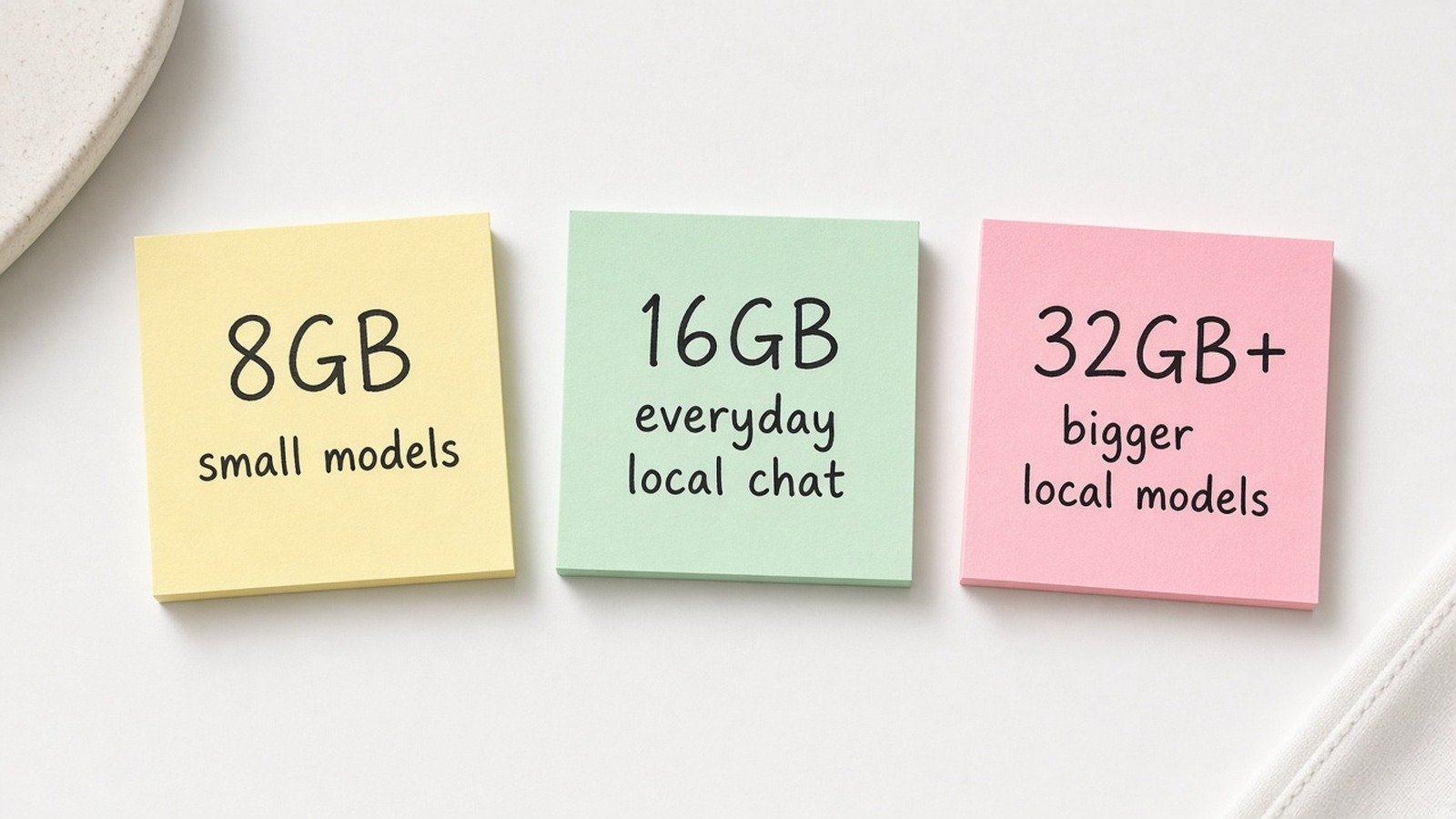 Sticky notes: 8GB small models, 16GB everyday local chat, 32GB+ bigger models