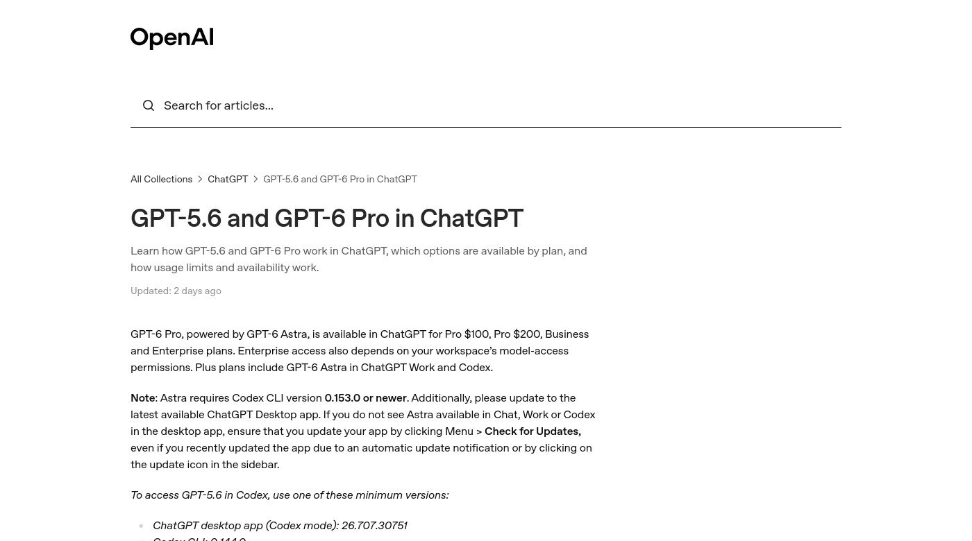Screenshot of OpenAI Help article stating Plus gets Astra in Work and Codex while GPT-6 Pro is for Pro Business Enterprise