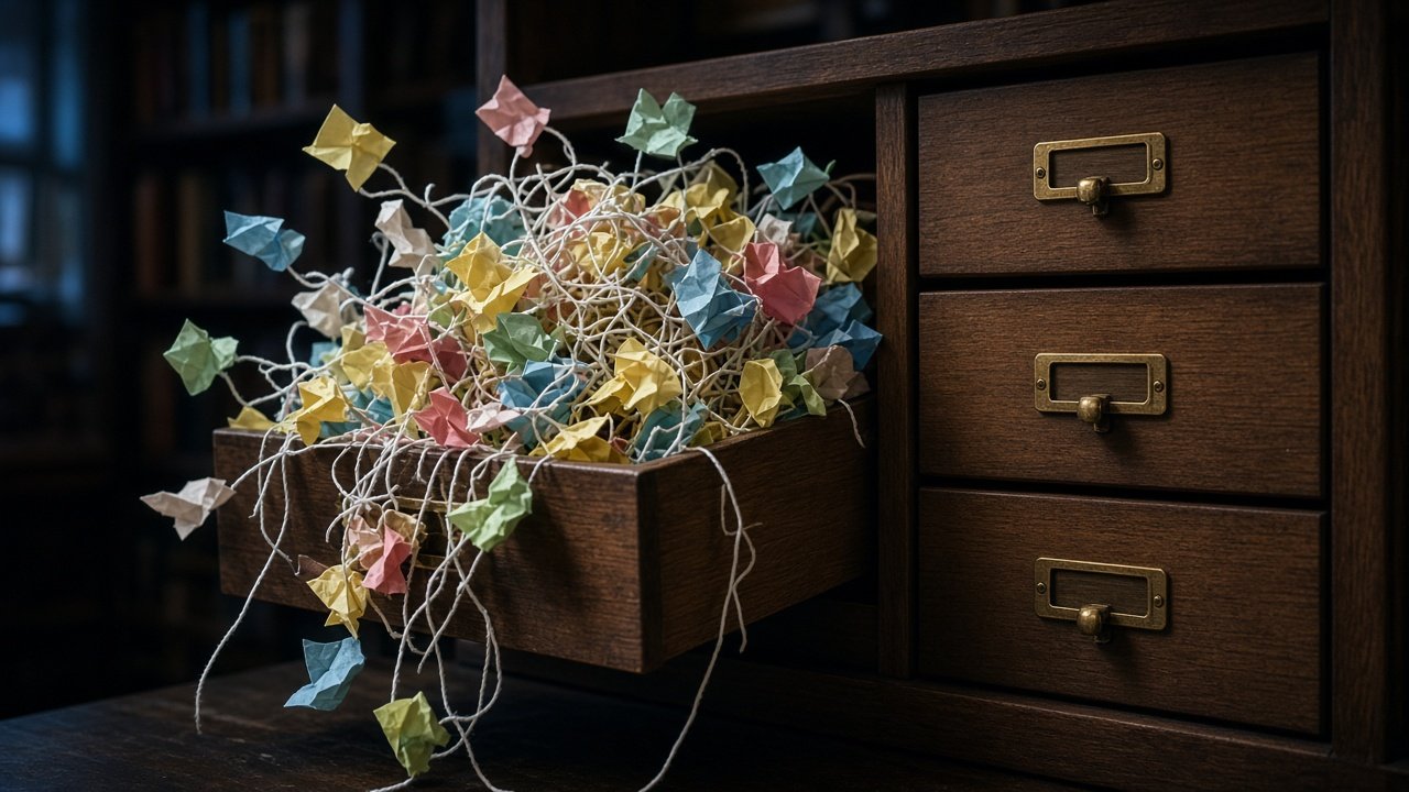 Sticky-note storm bursting from a drawer beside neat labeled drawers