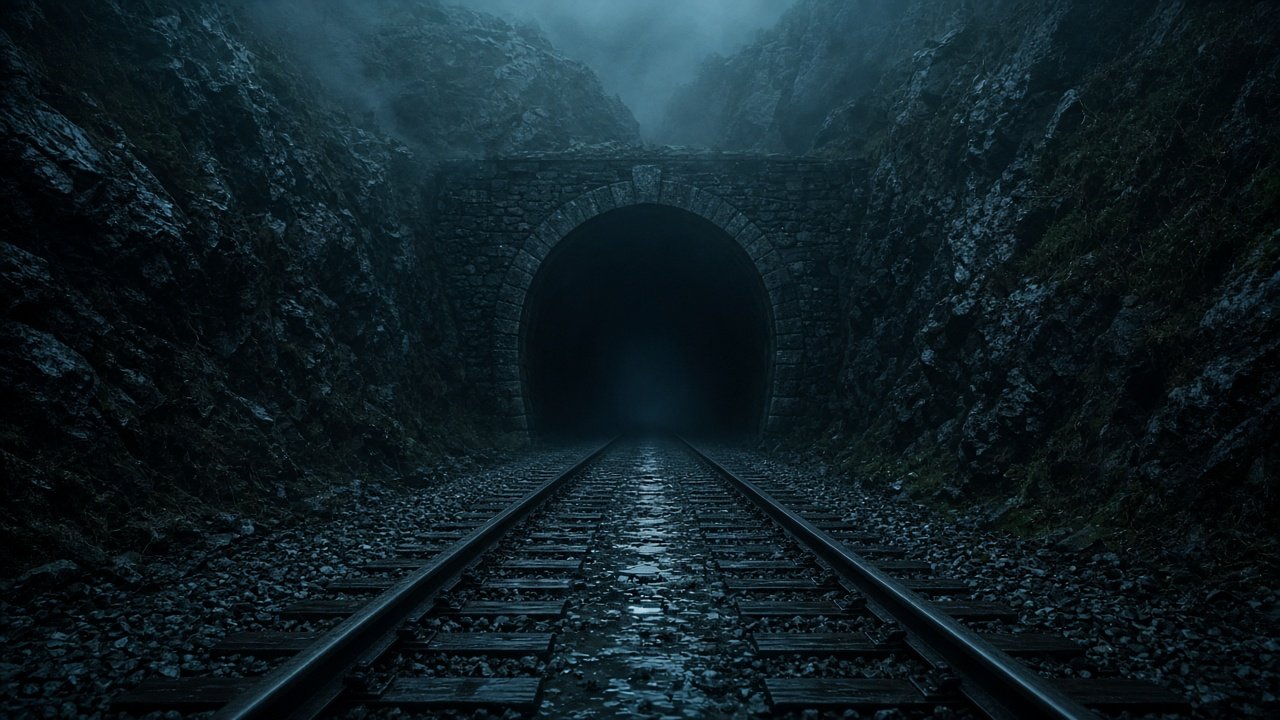 Three train tracks merging into one tunnel