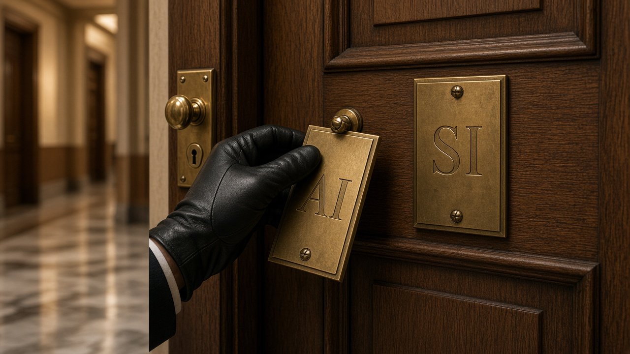 Gloved hand swapping a brass AI nameplate next to a fixed SI plate on a government office door