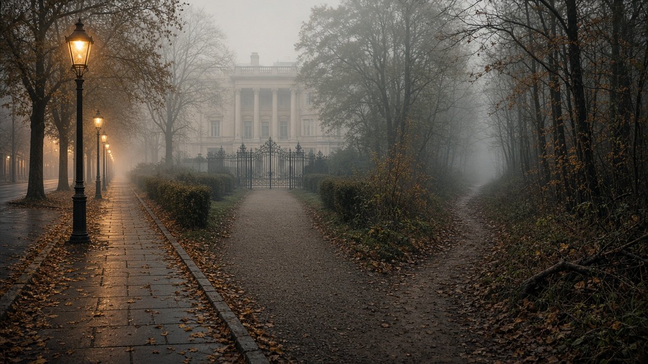 Three foggy park paths diverge: lit sidewalk, gated formal building, wild forest trail