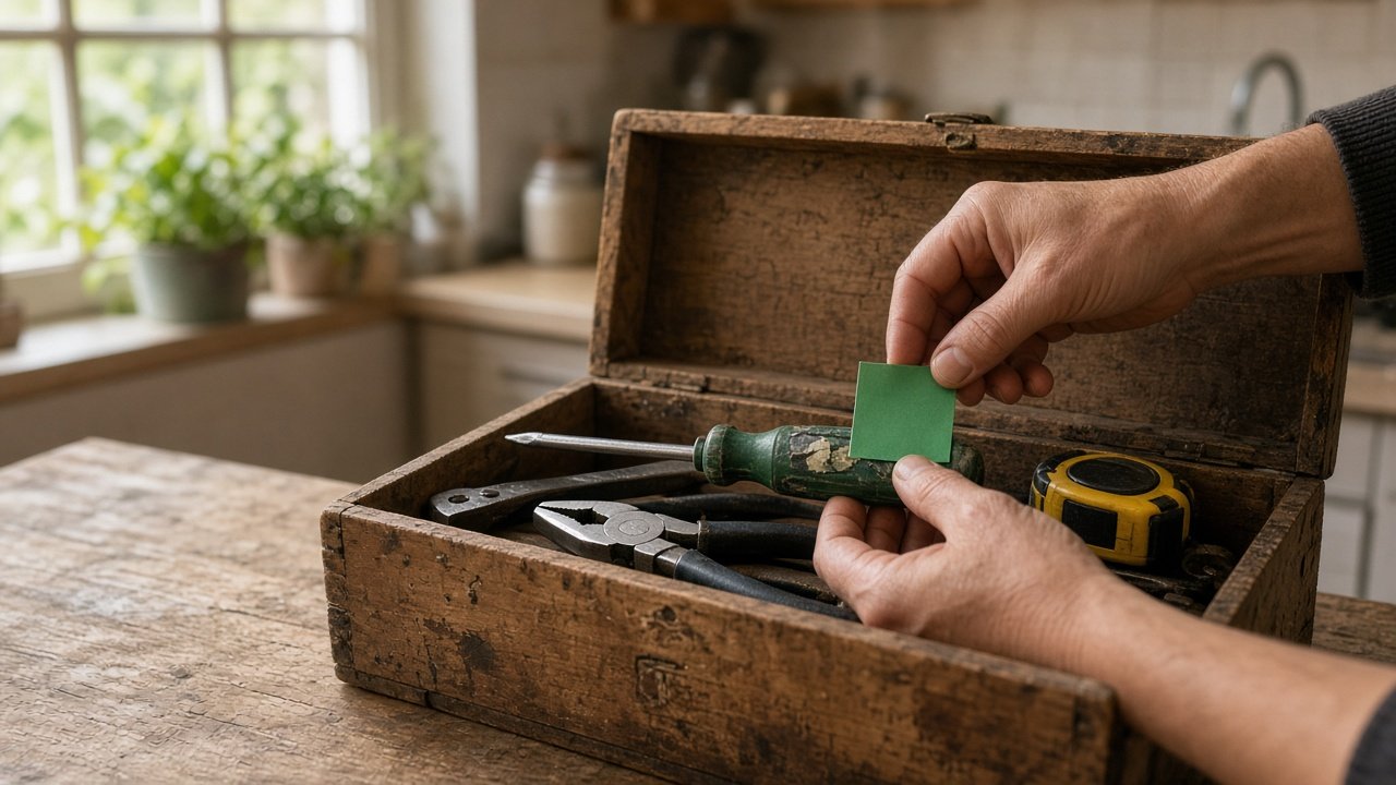 Hands placing a fresh green sticker on a screwdriver inside an open wooden toolbox