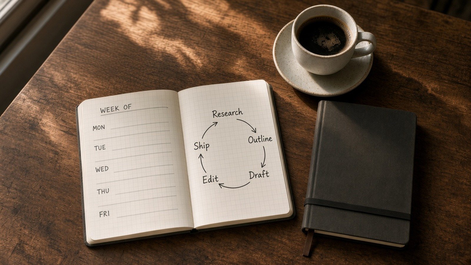 Weekly planner with a five-part loop: Research, Outline, Draft, Edit, Ship